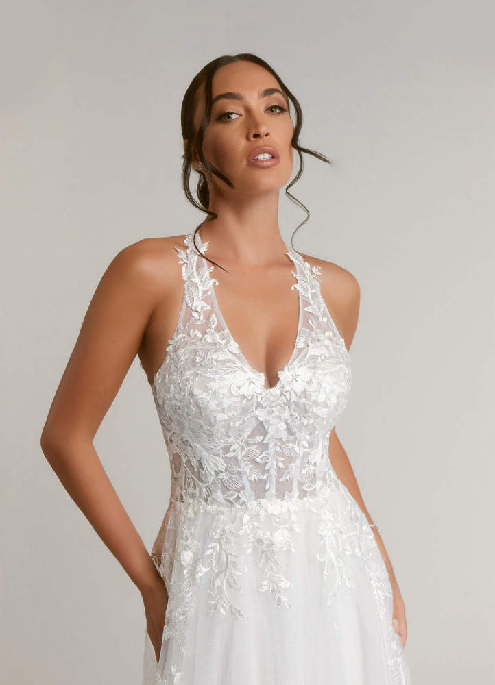 elyessen Dysis Diamond White A-Line Halter Sequins Tulle Dress