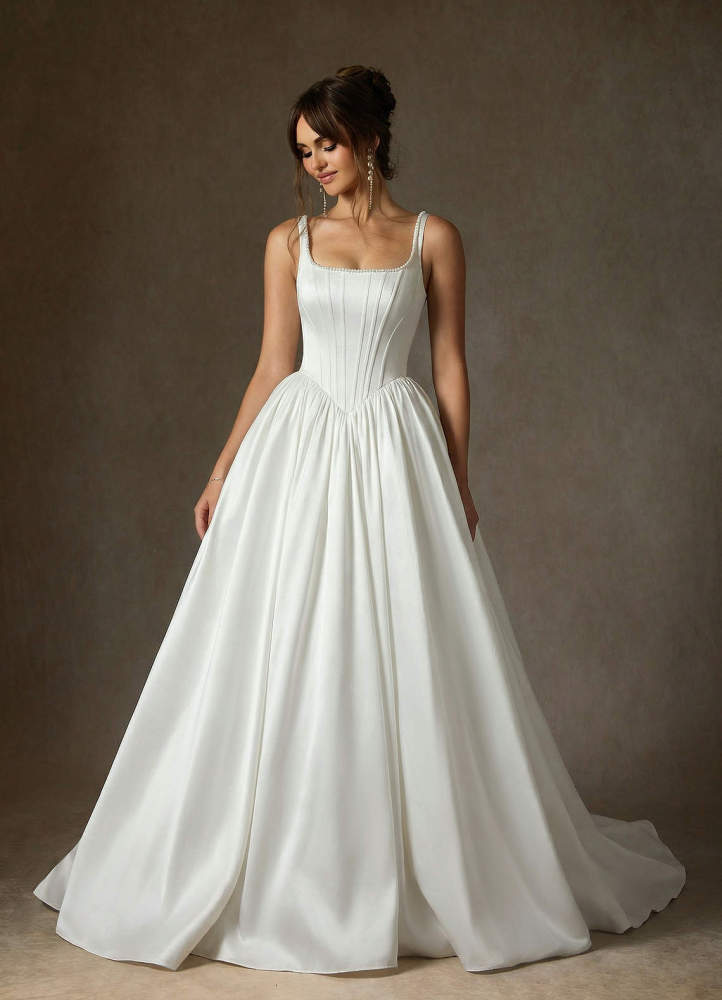 elyessen Cyanne Stretch Diamond White Ball-Gown with Pockets Stretch Satin Dress