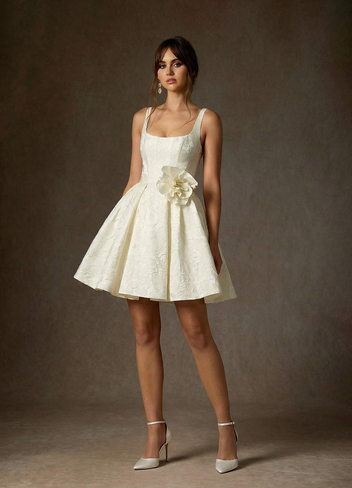 elyessen Ruby Diamond White A-Line with Pockets Floral Jacquard Dress