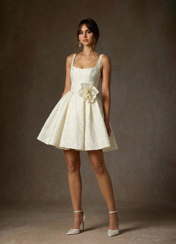 elyessen Ruby Diamond White A-Line with Pockets Floral Jacquard Dress