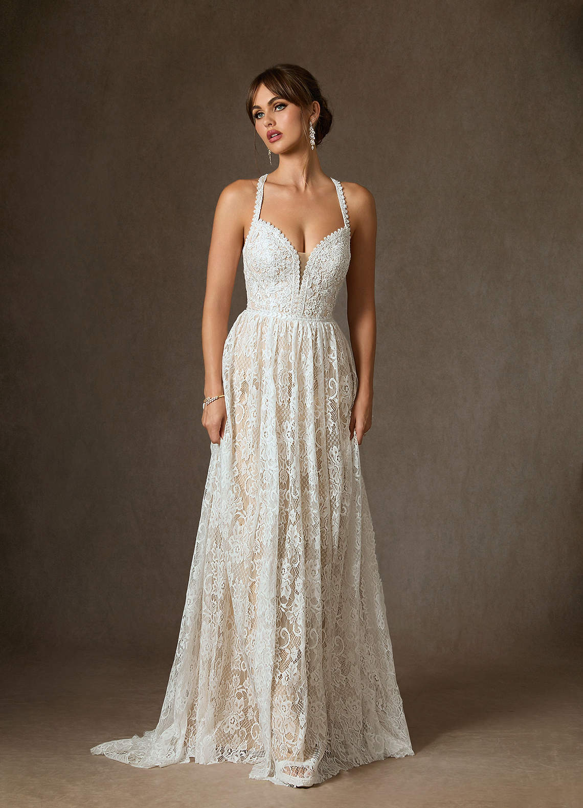 elyessen  Diamond White Champagne A-Line Lace Dress