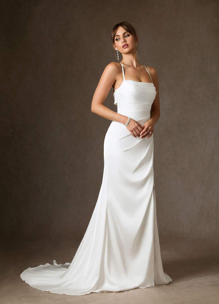 elyessen Kierra Stretch Diamond White Mermaid Pleated Stretch Satin Dress