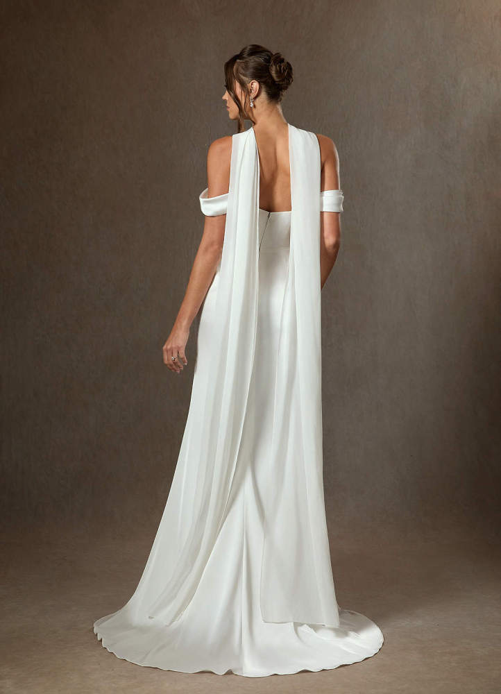 elyessen Blithe Stretch Diamond White Sheath Side Slit Stretch Satin Dress