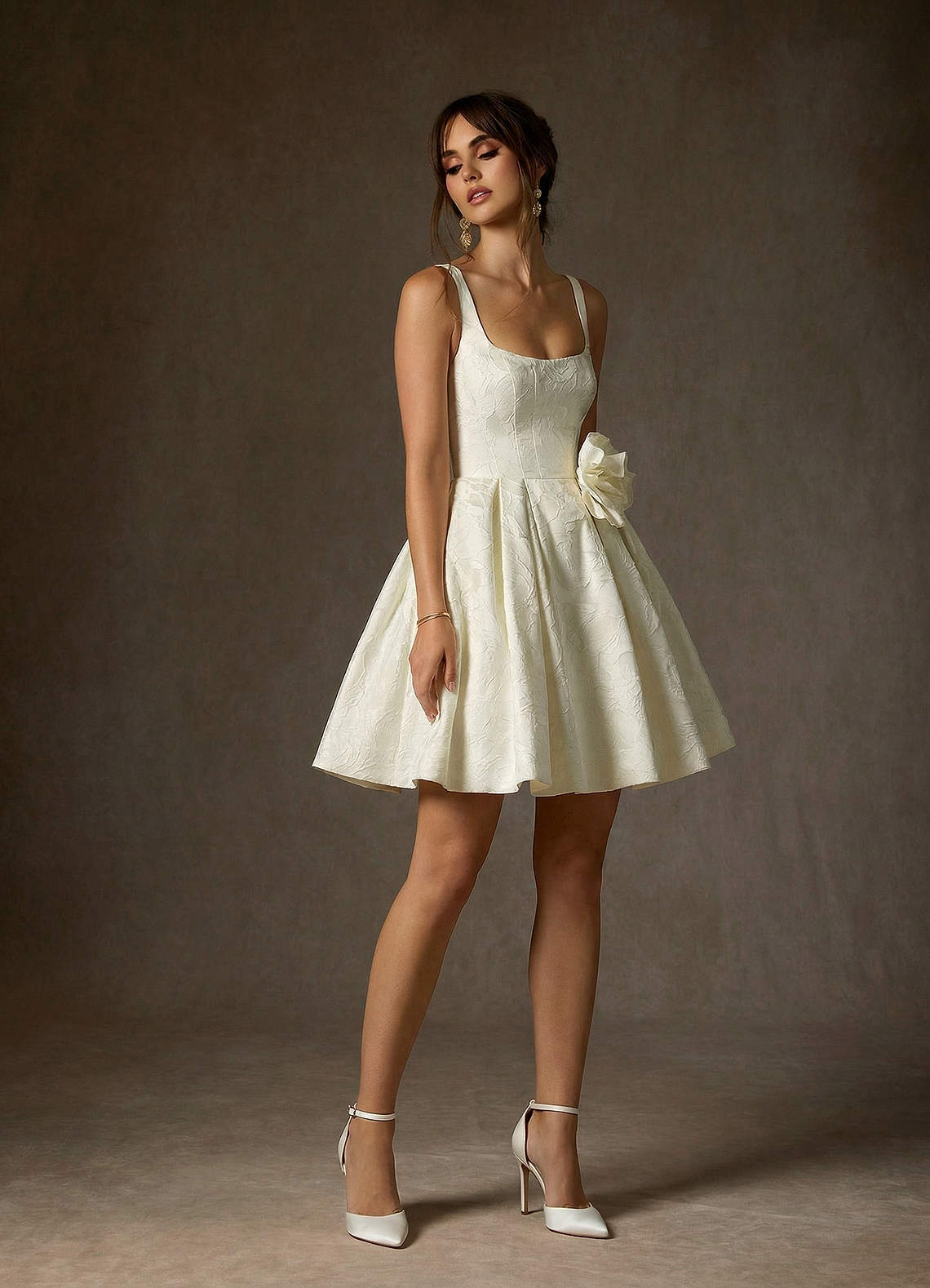 elyessen Ruby Diamond White A-Line with Pockets Floral Jacquard Dress