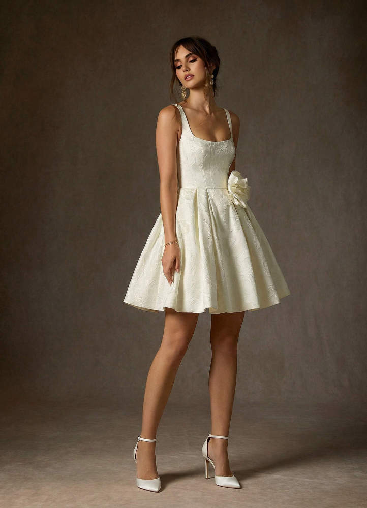 elyessen Ruby Diamond White A-Line with Pockets Floral Jacquard Dress
