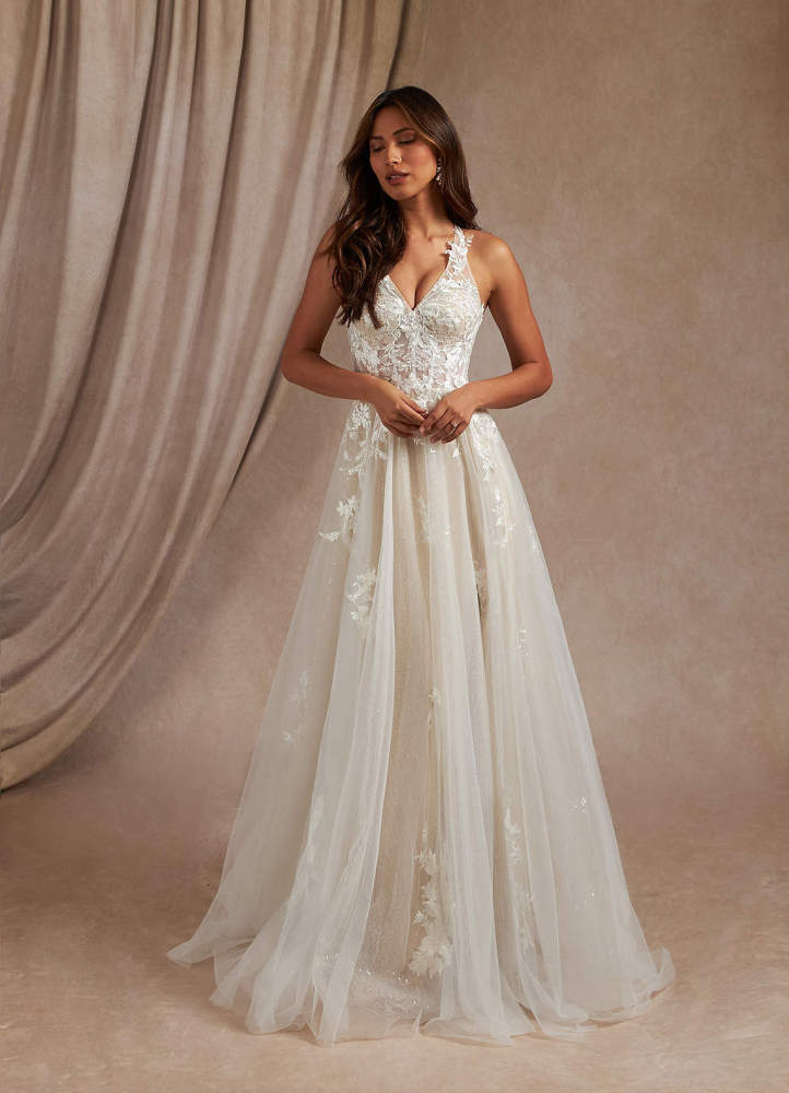 elyessen  Diamond White A-Line Halter Sequins Tulle Dress
