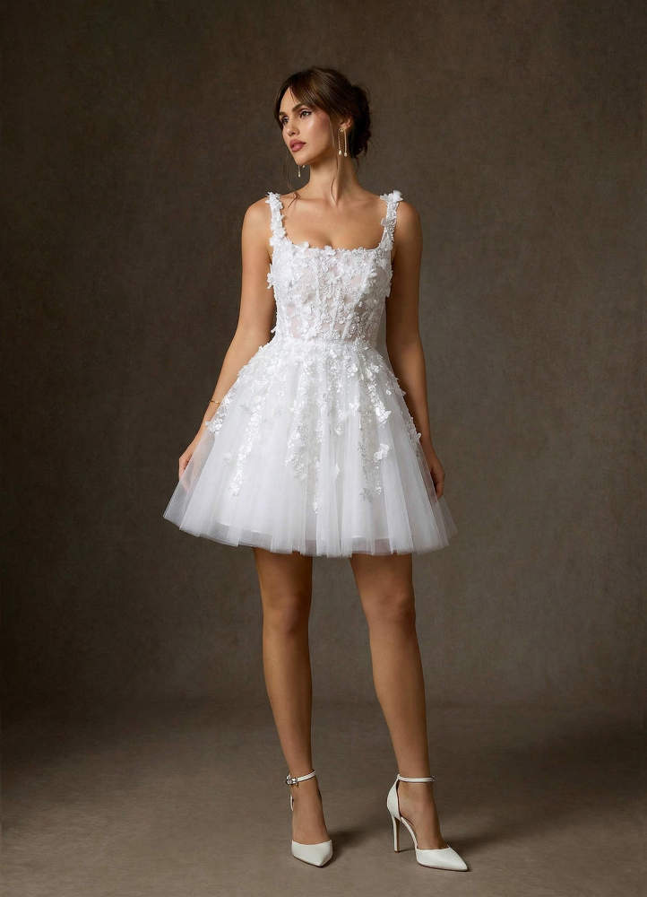 elyessen Sabine Diamond White A-Line Square Neckline Lace Dress