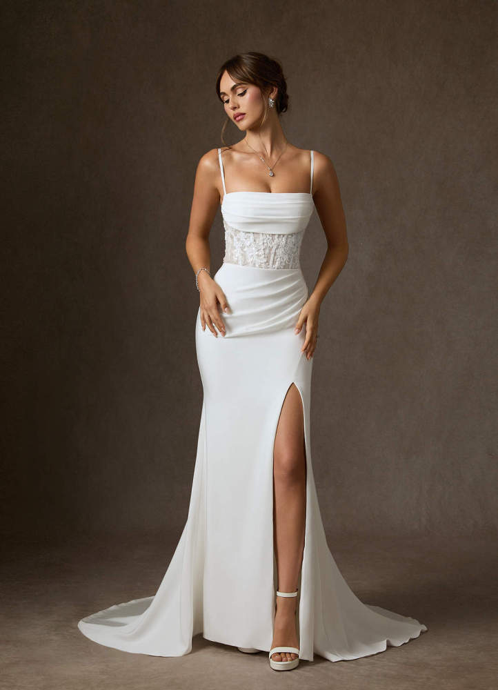 elyessen Alyce Diamond White Mermaid Off the Shoulder Crepe Back Satin Dress