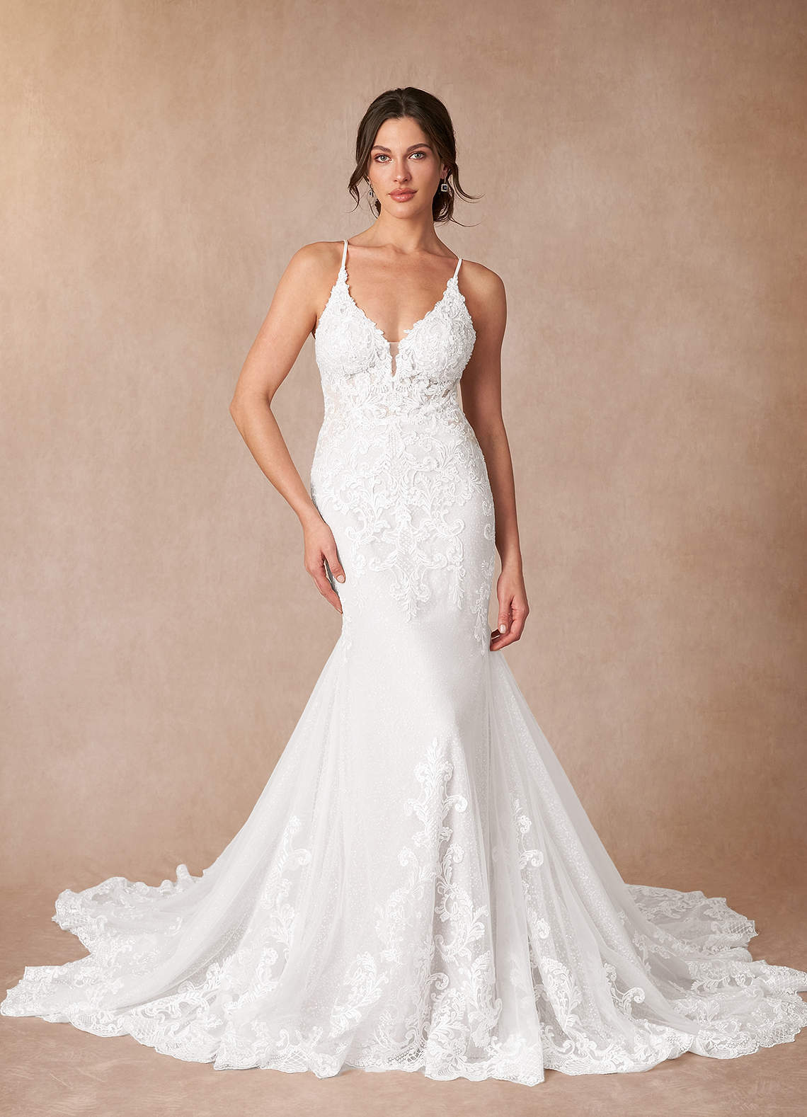 elyessen Selene Diamond White Mermaid V-Neck Lace Dress