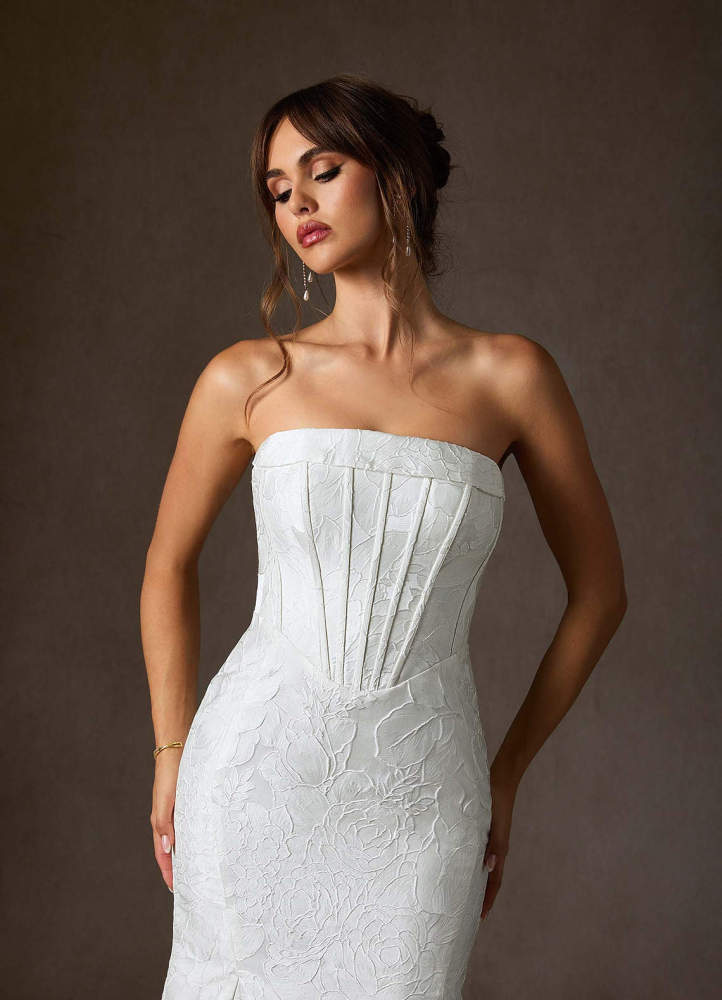 elyessen Kristella Diamond White Mermaid Strapless Floral Jacquard Dress