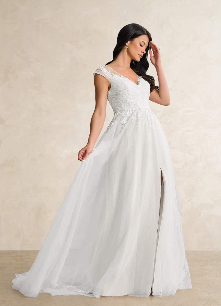 elyessen Bellisima Diamond White A-Line V-Neck Tulle Dress