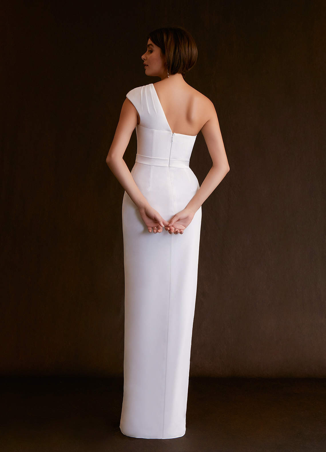 elyessen Oaklee Stretch Diamond White Sheath One Shoulder Stretch Satin Dress