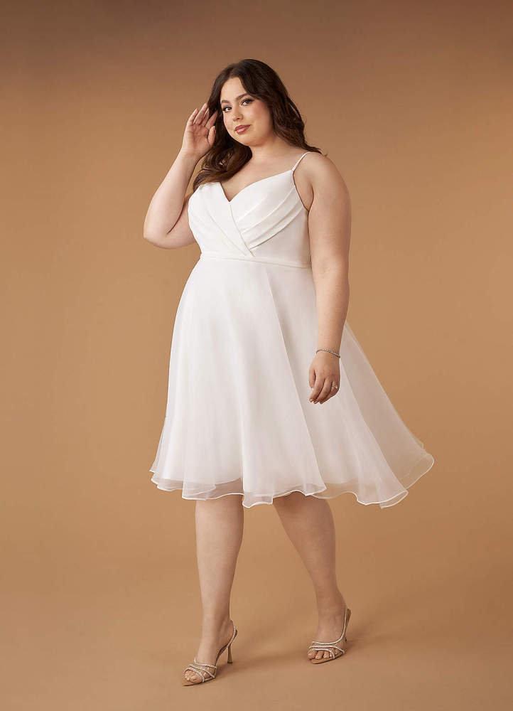 elyessen Ardea Stretch Diamond White A-Line V-Neck Pleated Stretch Crepe Dress
