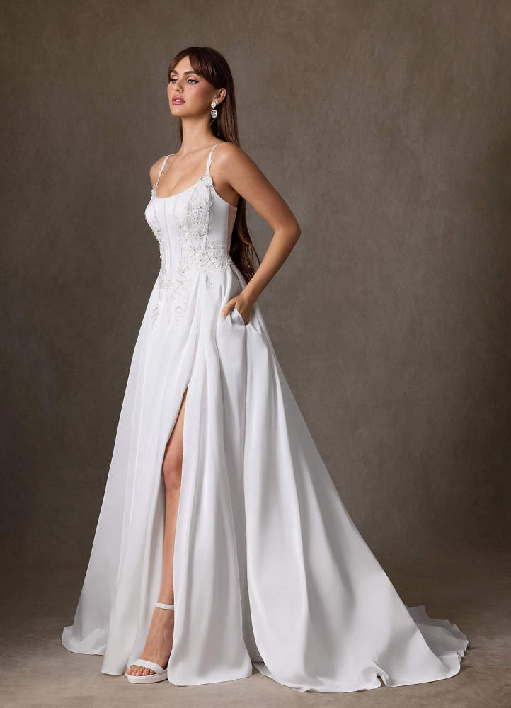 elyessen Sariah Stretch Diamond White A-Line Lace Stretch Satin Dress