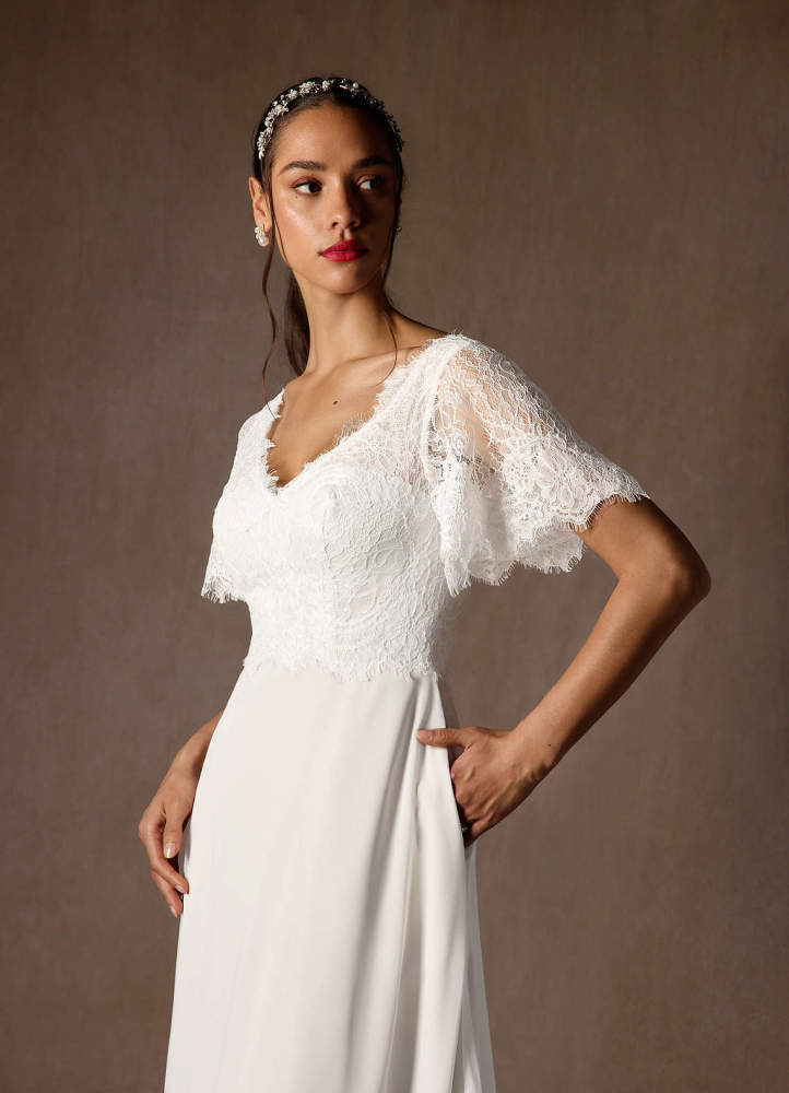 elyessen Veradis Diamond White A-Line V-Neck lace Chiffon Dress