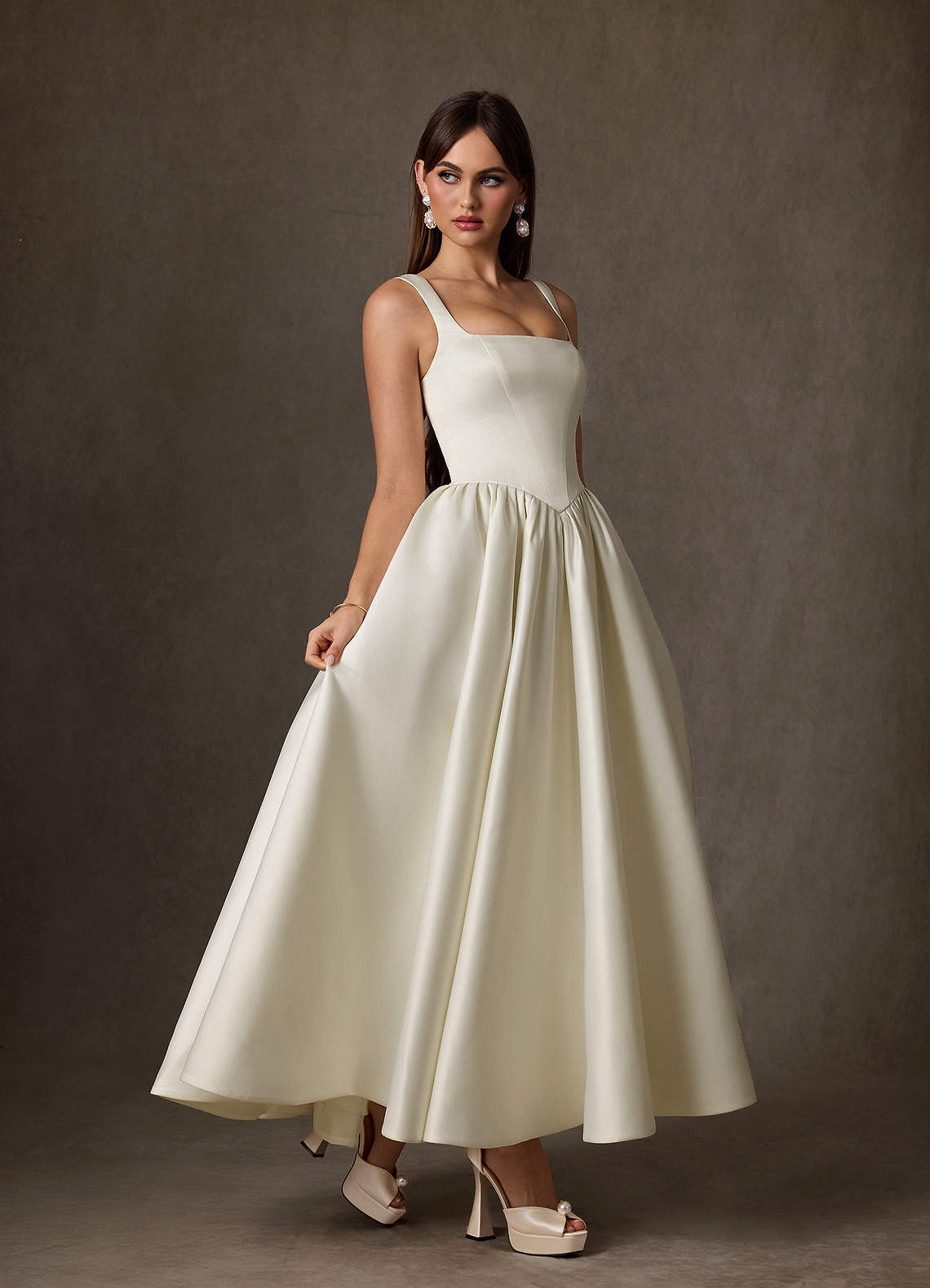elyessen Verina Diamond White A-Line with Pockets Satin Dress