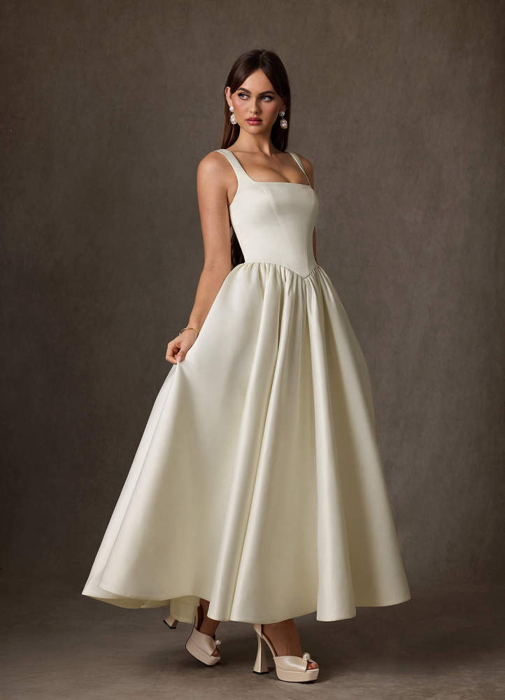 elyessen Verina Diamond White A-Line with Pockets Satin Dress