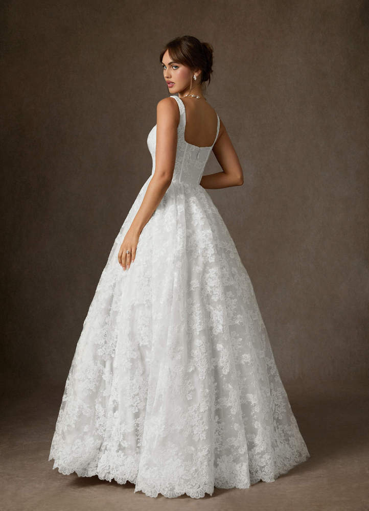 elyessen Geneva Diamond White Ball-Gown Square Neckline Lace Dress