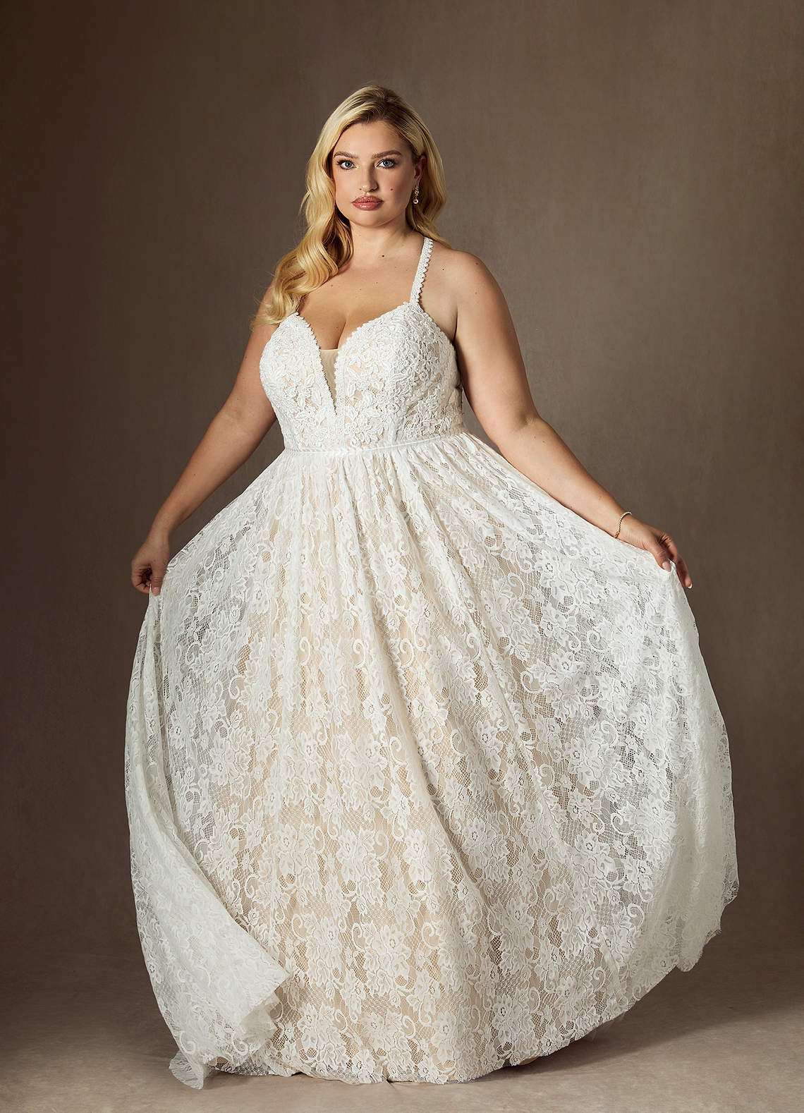 elyessen  Diamond White Champagne A-Line Lace Dress