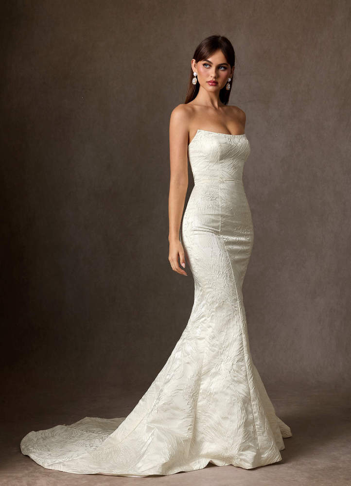 elyessen Serephina Diamond White Mermaid Strapless Floral Jacquard Dress