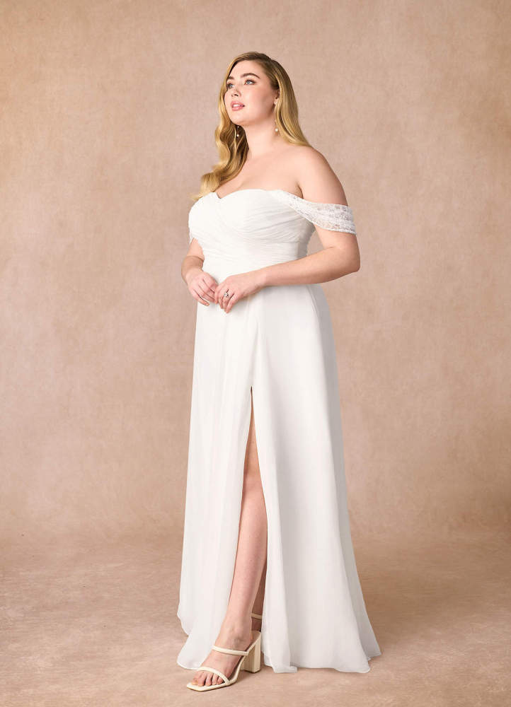 elyessen Zadie Diamond White A-Line Off the Shoulder Chiffon Dress