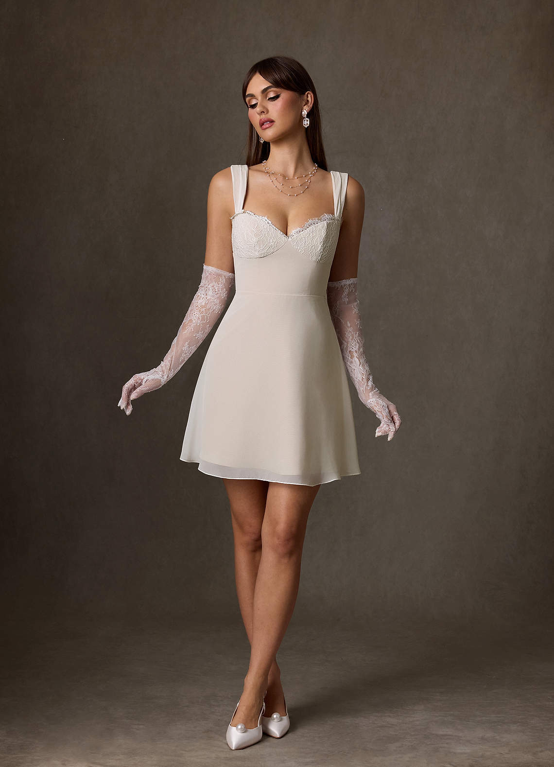 elyessen Scarlette Diamond White A-Line Sweetheart lace Chiffon Dress