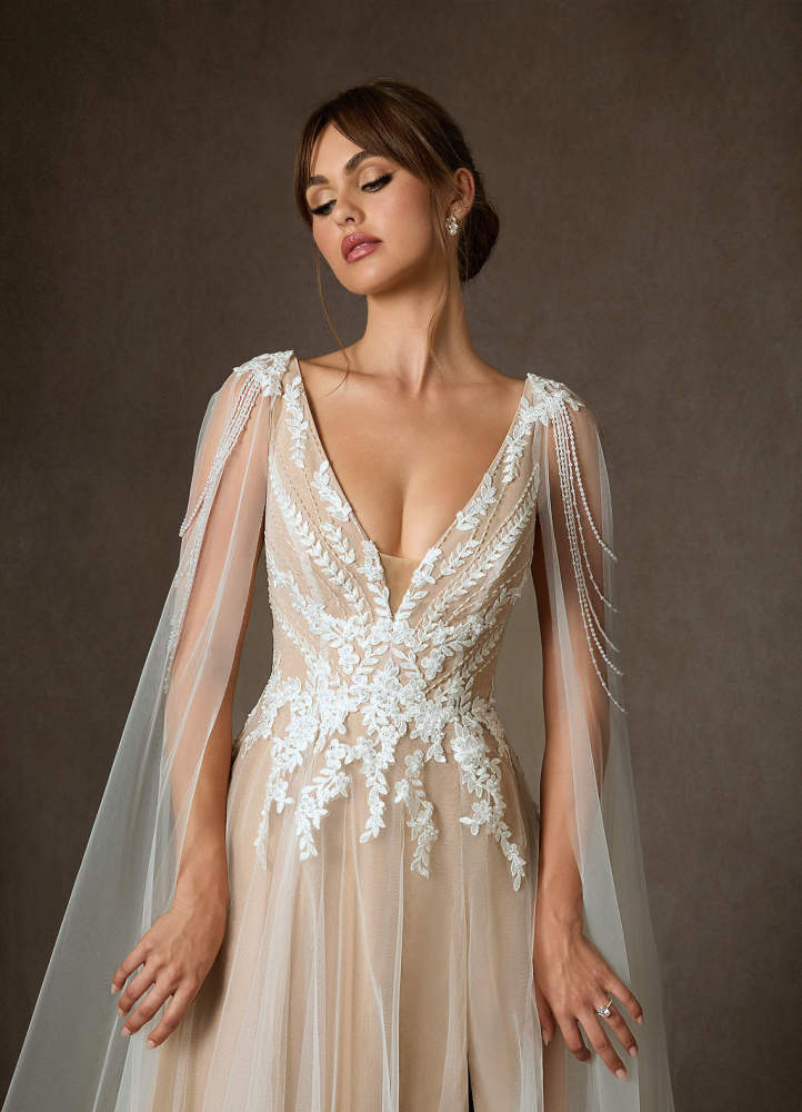 elyessen Goddess Two-Piece Diamond White A-Line V-Neck Sequins Tulle Dress