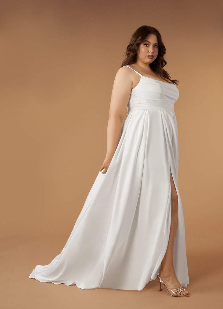 elyessen Caymus Diamond White A-Line Scoop Pleated Crepe Back Satin Dress