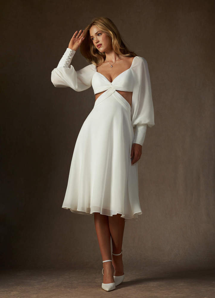 elyessen Delfina Diamond White A-Line V-Neck Pleated Chiffon Dress