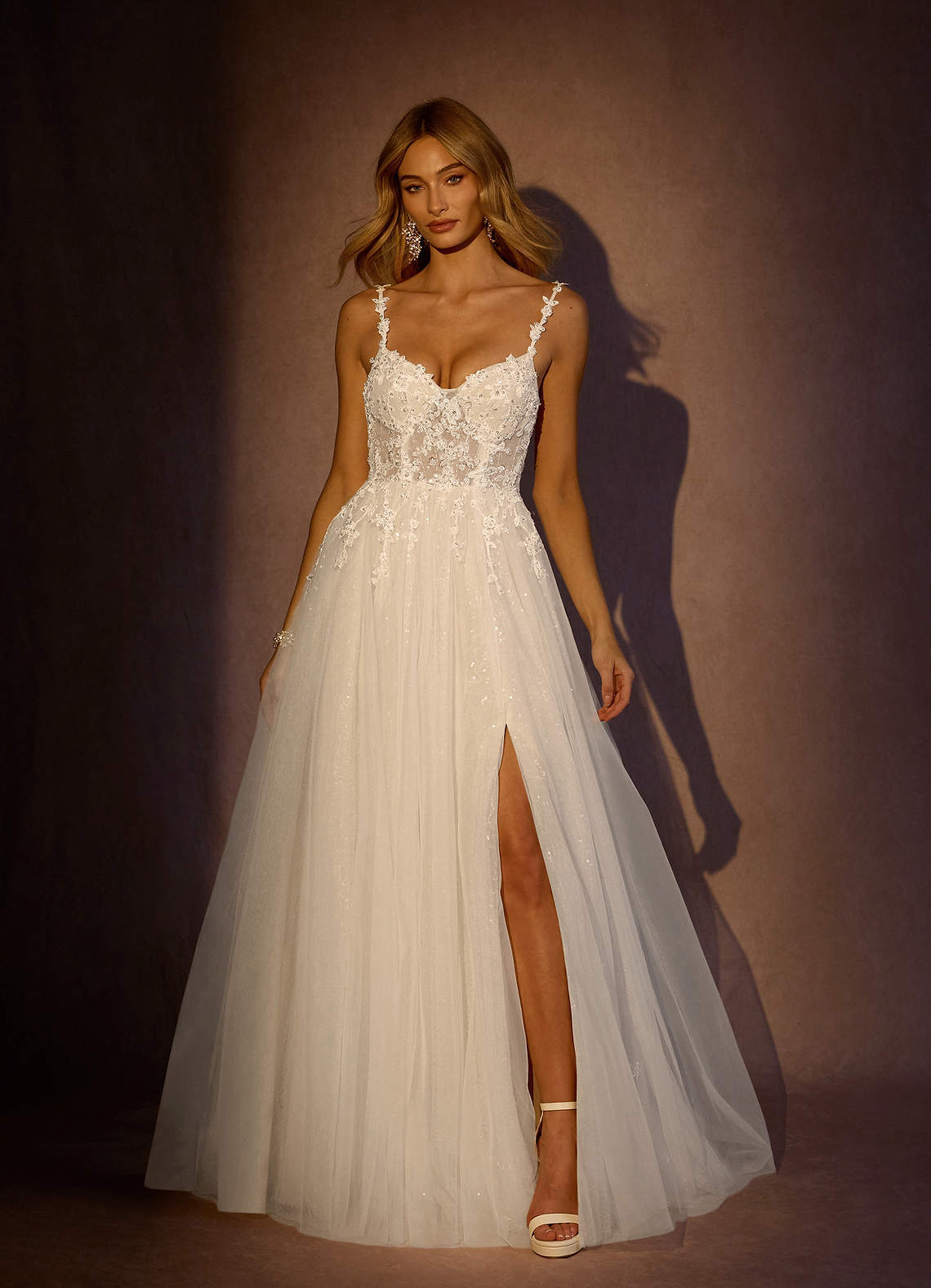 elyessen Florian Diamond White Champagne A-Line V-Neck Sequins Tulle Dress