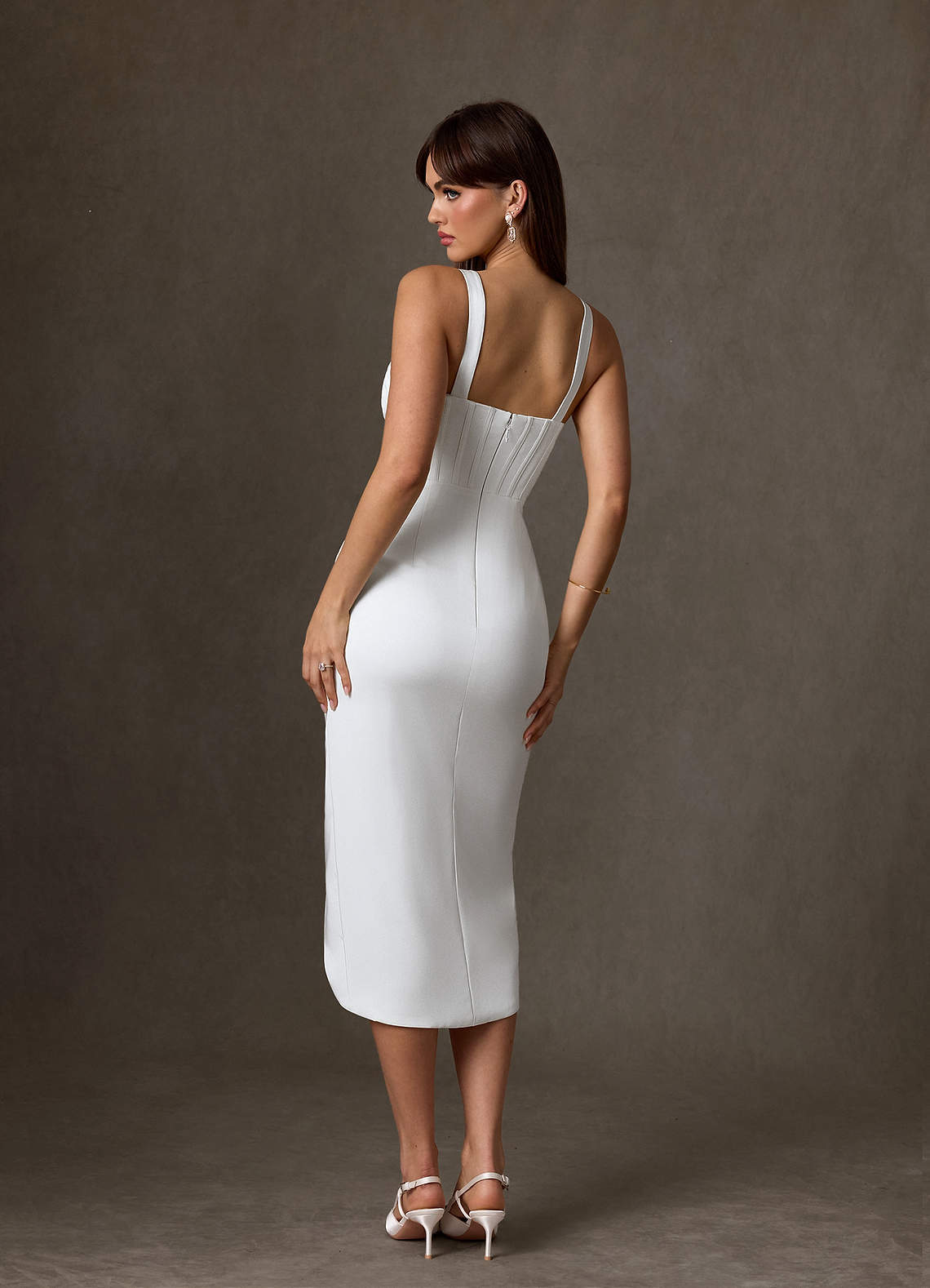 elyessen Zoie Diamond White Sheath Pleated Crepe Back Satin Dress