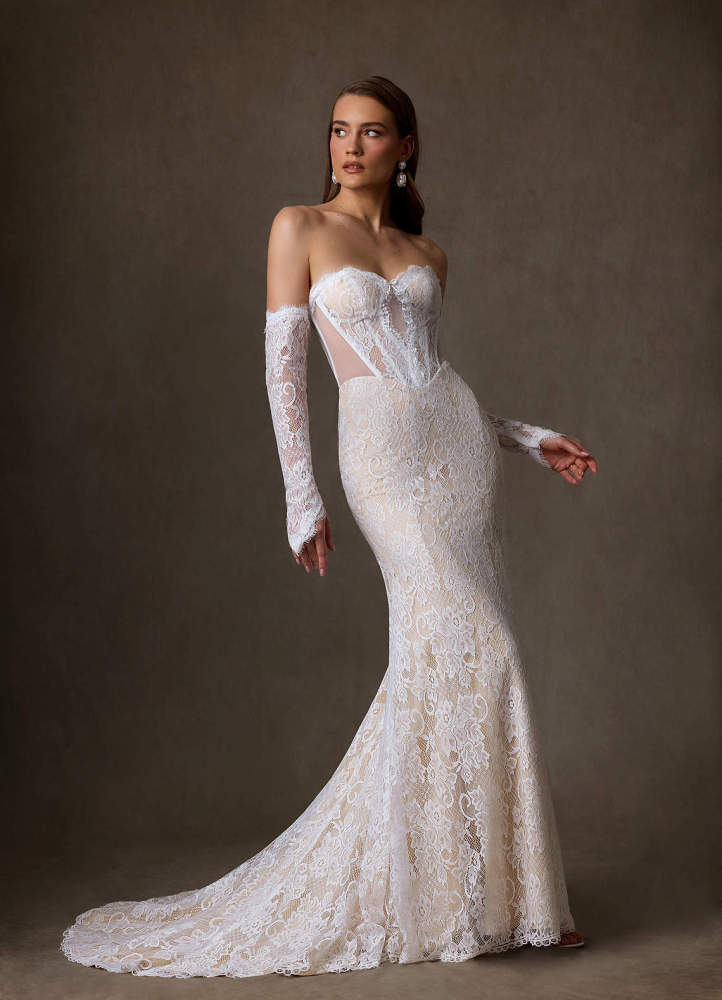 elyessen Issa Diamond White Sheath Strapless Lace Dress