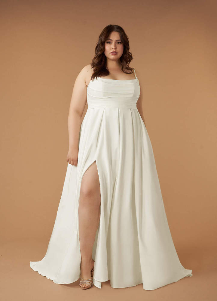 elyessen Diamond White A-Line Scoop Pleated Crepe Back Satin Dress