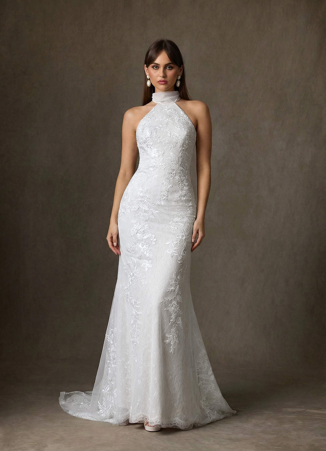 elyessen Kaiyana Diamond White Sheath High Neck Lace Dress