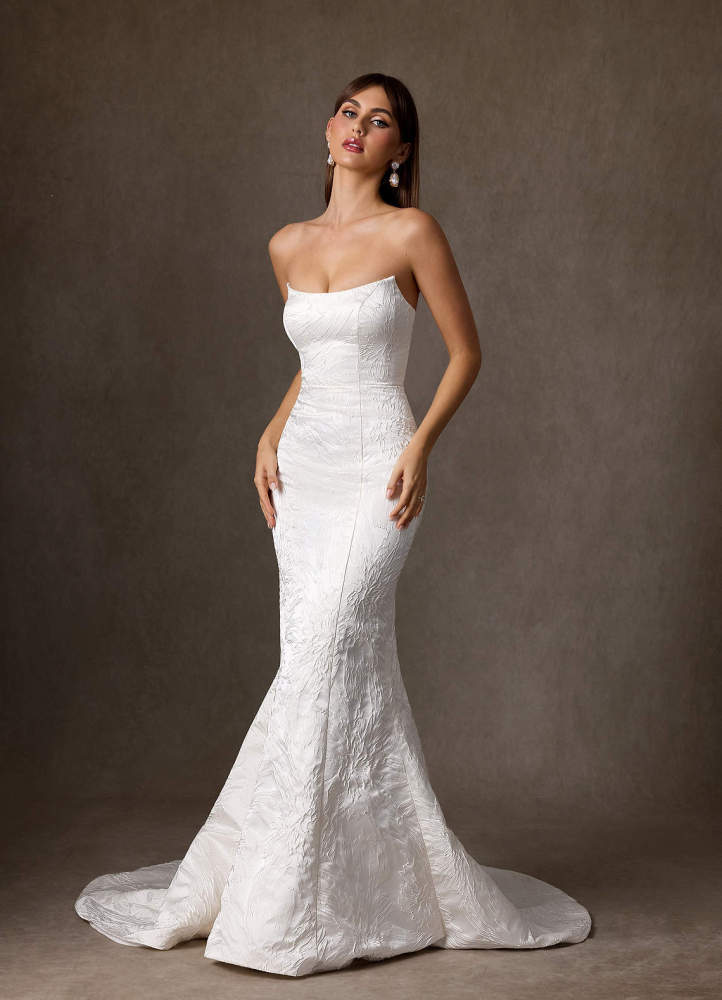 elyessen Serephina Diamond White Mermaid Strapless Floral Jacquard Dress
