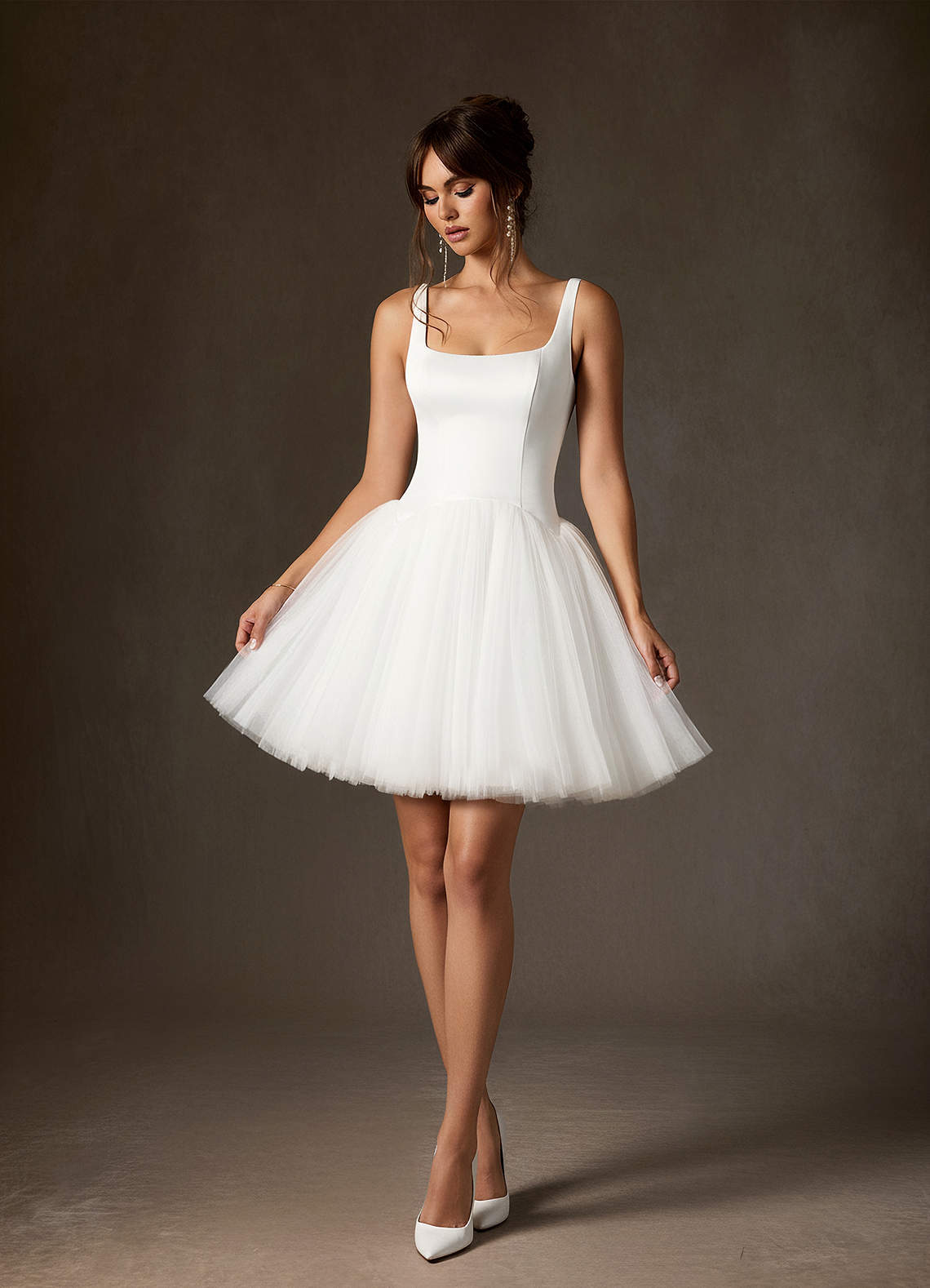 elyessen Annora Diamond White A-Line Square Neckline Tulle Dress