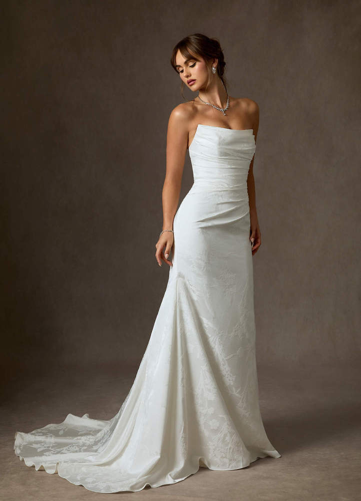 elyessen Elyse Diamond White Mermaid Strapless Floral Jacquard Dress