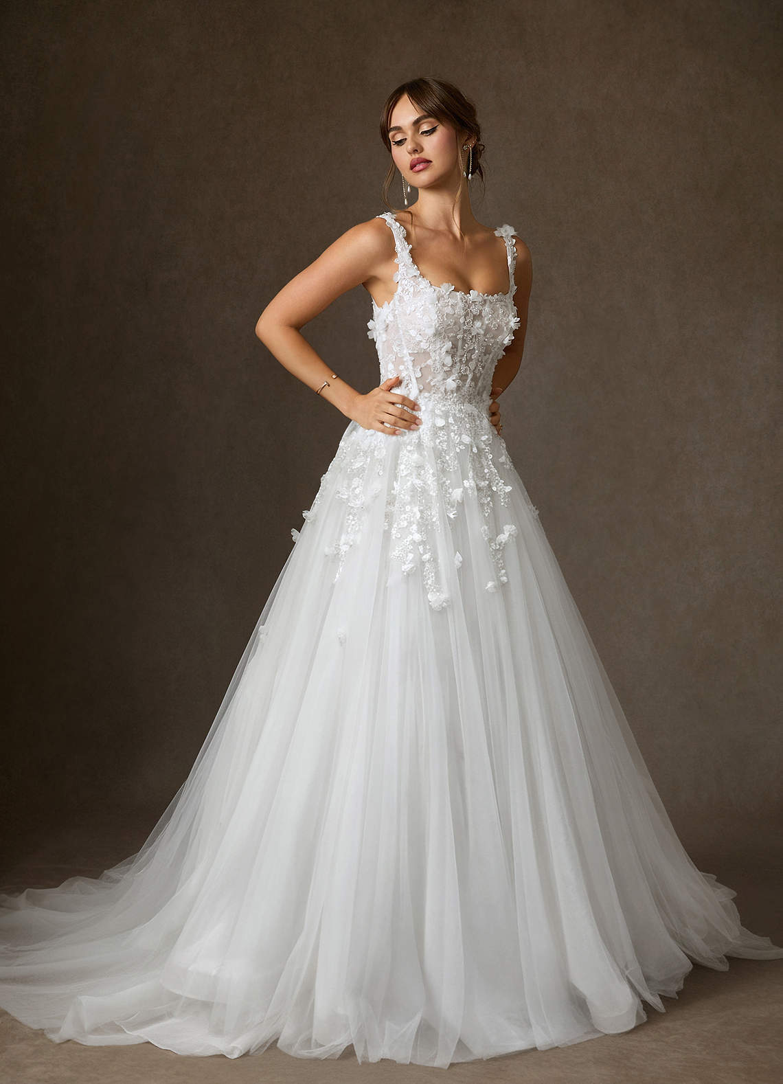 elyessen Sabine Diamond White Ball-Gown Square Neckline Lace Dress