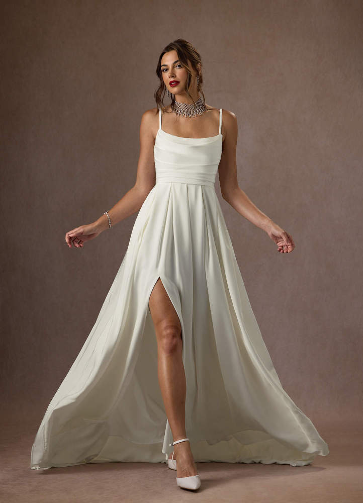 elyessen Diamond White A-Line Scoop Pleated Crepe Back Satin Dress