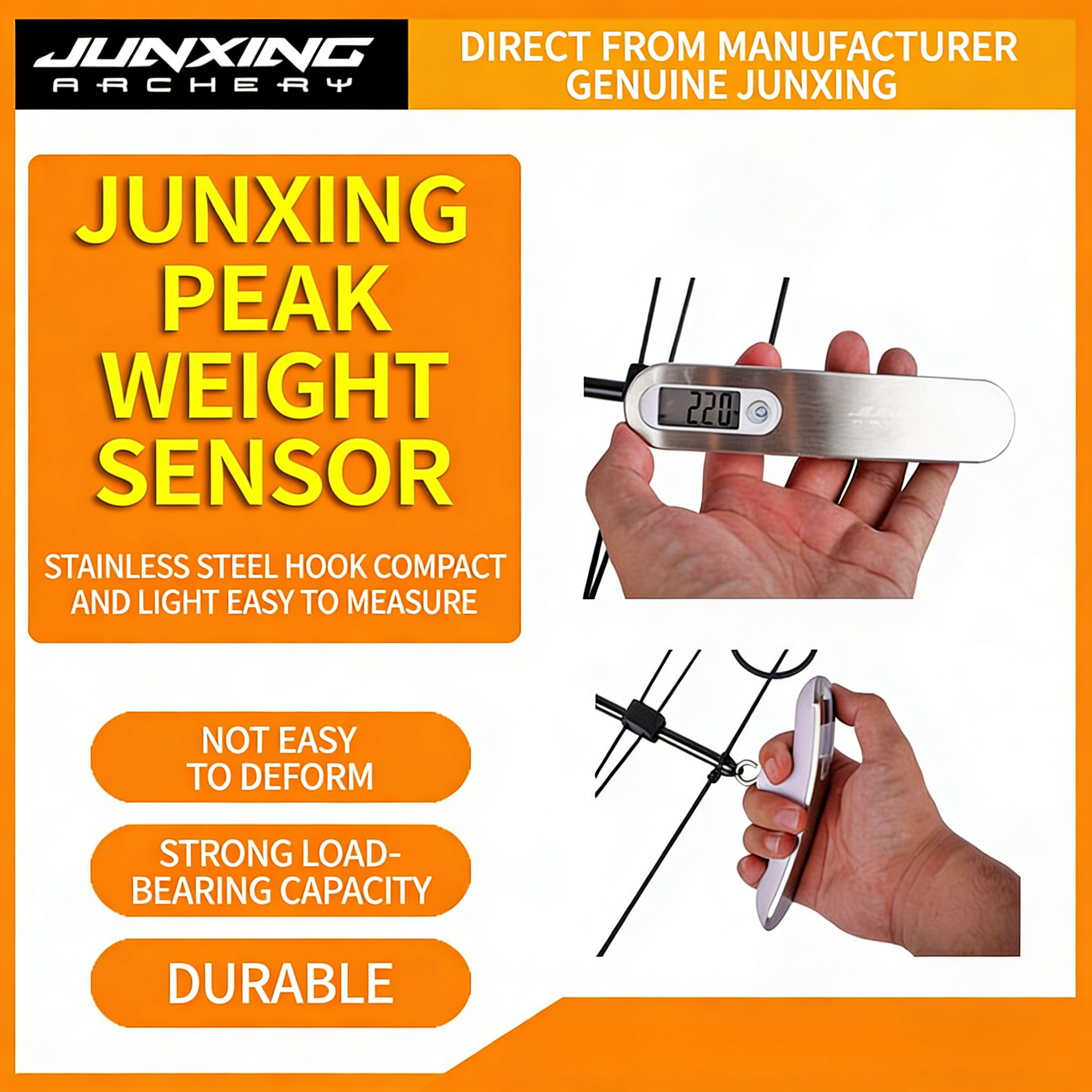Junxing Archery Electronic Bow Scale with Peak Value Display, Poundage Measuring Tool for Compound, Recurve, Straight Draw, Traditional and American Hunting Bows
