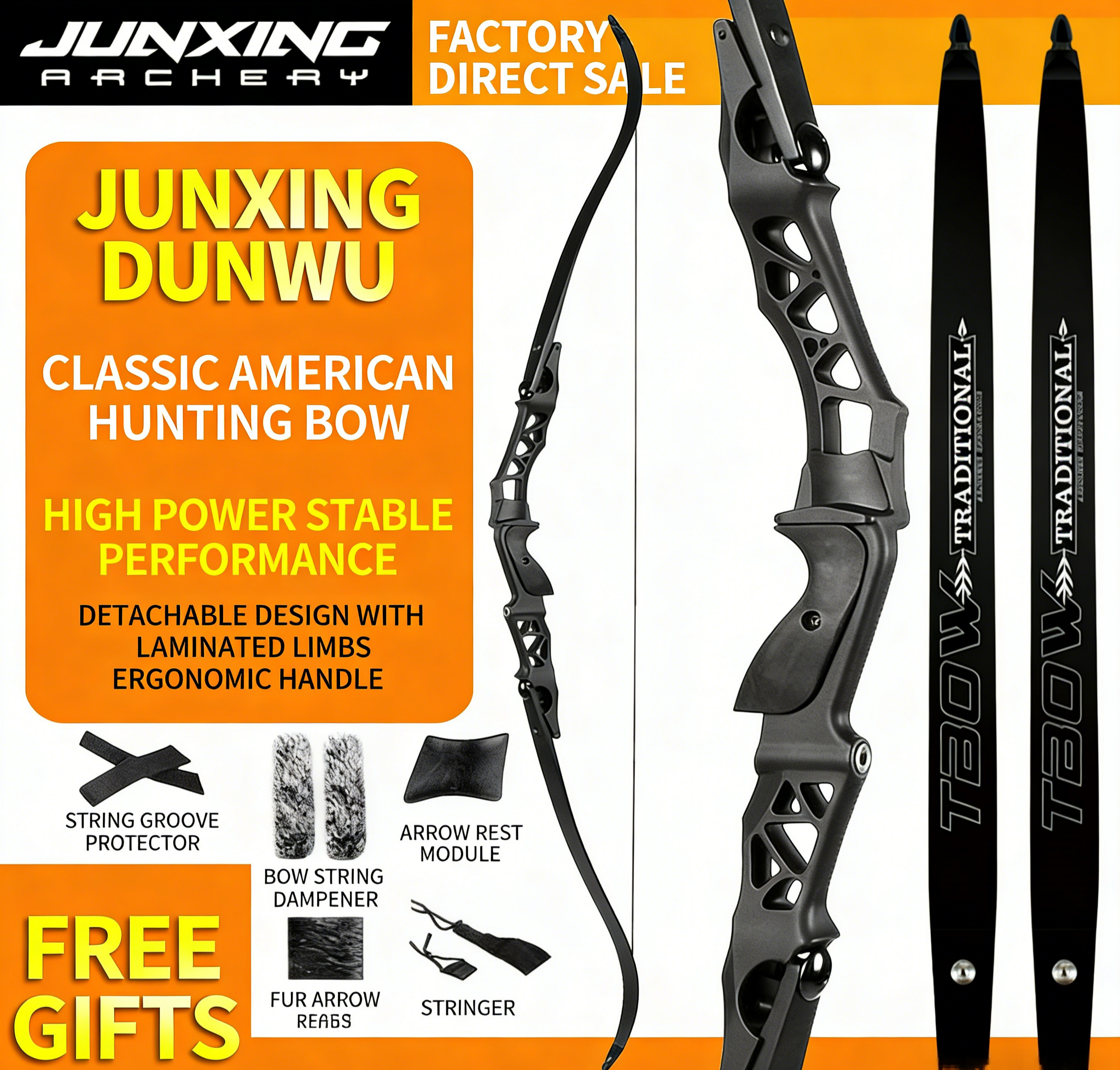Junxing Epiphany American Hunting Bow, Barebow, Competitive Recurve Bow Archery Kit, Competition Archery Shooting for Outdoor Adults