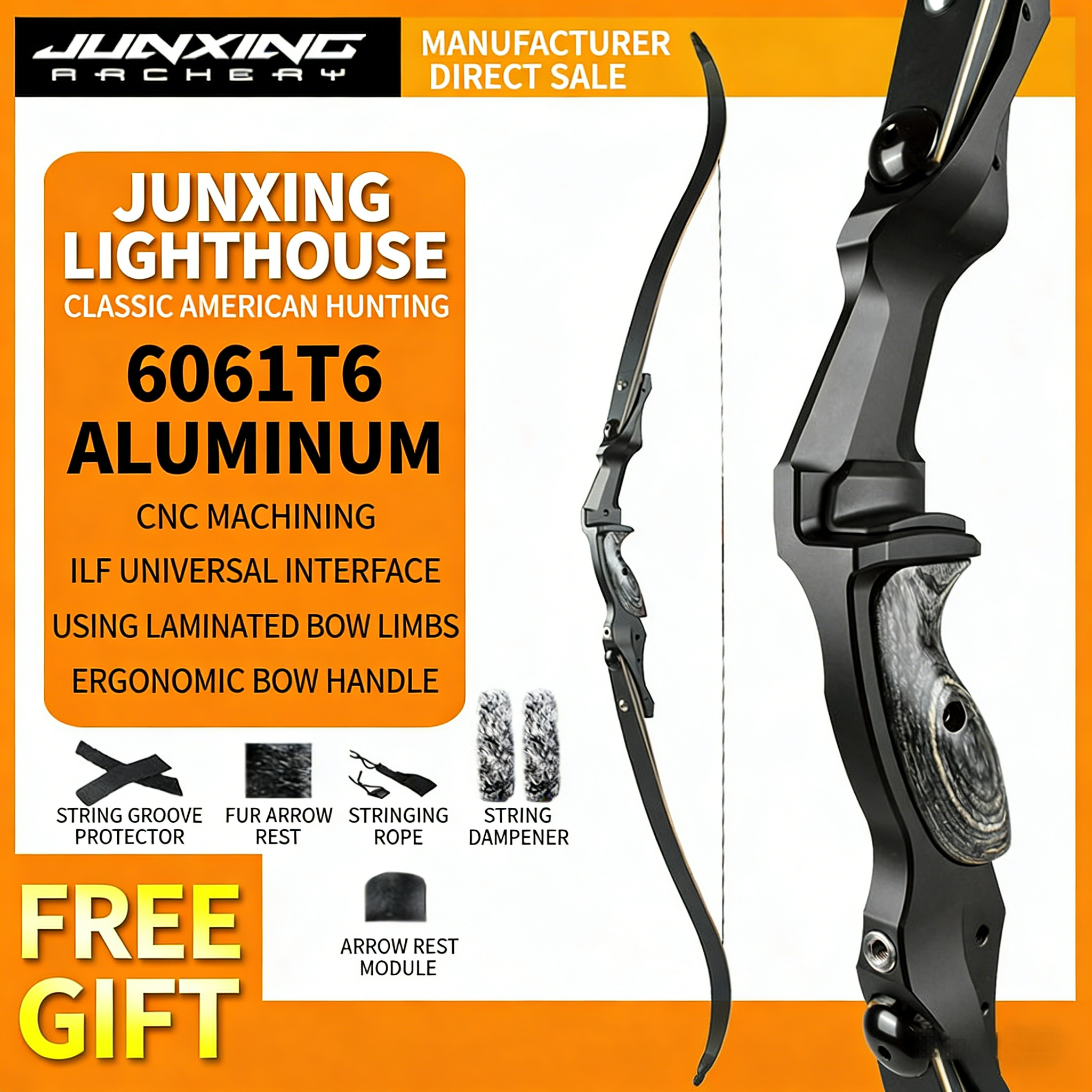 Junxing Lighthouse American Hunting Bow, Recurve Bow, Barebow, Competitive Bow, American Hunting Bow Metal Riser, Archery Shooting Kit