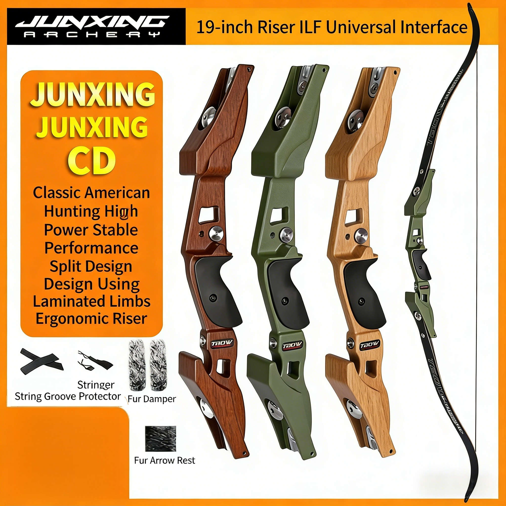 Junxing CD American Hunting Bow, Universal ILF Bow Riser, Recurve Bow, Barebow, Competitive Bow, Carbon Limbs Archery