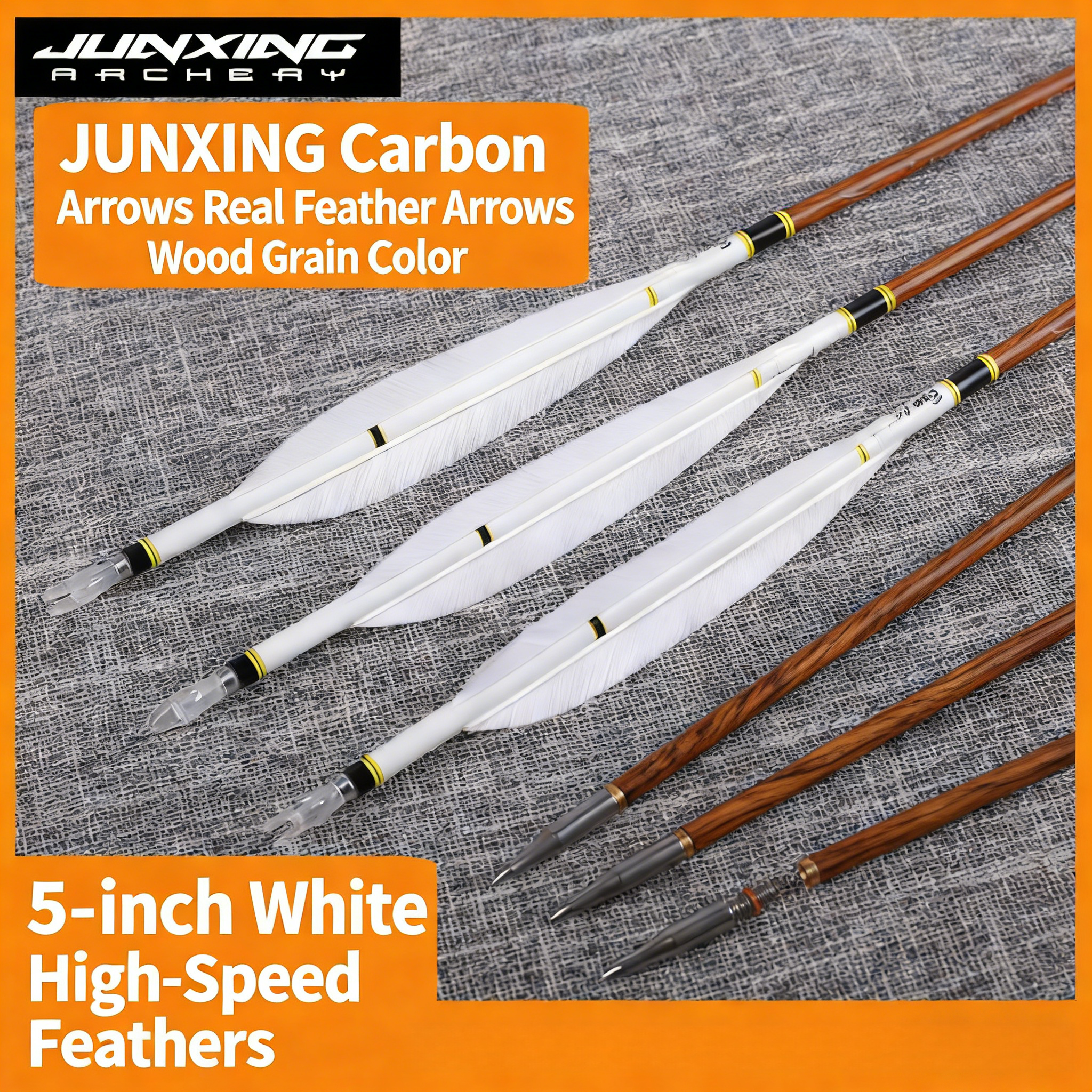 Junxing Carbon Arrows (Wood Grain Pure Carbon Arrows, 5.2MM, Real Feather, Bitz Nocks, Turkey Feather, for Traditional Bow/American Hunting Bow, Carbon Arrows)