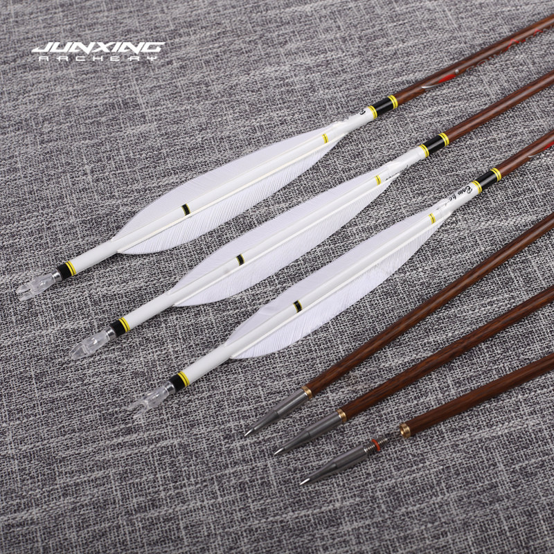 Junxing Carbon Arrows (Wood Grain Pure Carbon Arrows, 5.2MM, Real Feather, Bitz Nocks, Turkey Feather, for Traditional Bow/American Hunting Bow, Carbon Arrows)