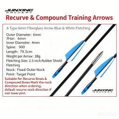 Junxing 6mm Fiberglass Arrows with Blue & White Vanes (For Recurve/Compound Bow Training)-10 Pack