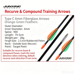 Junxing 6mm Fiberglass Arrows with Orange & Green Vanes (For Recurve/Compound Bow Training)-10 Pack