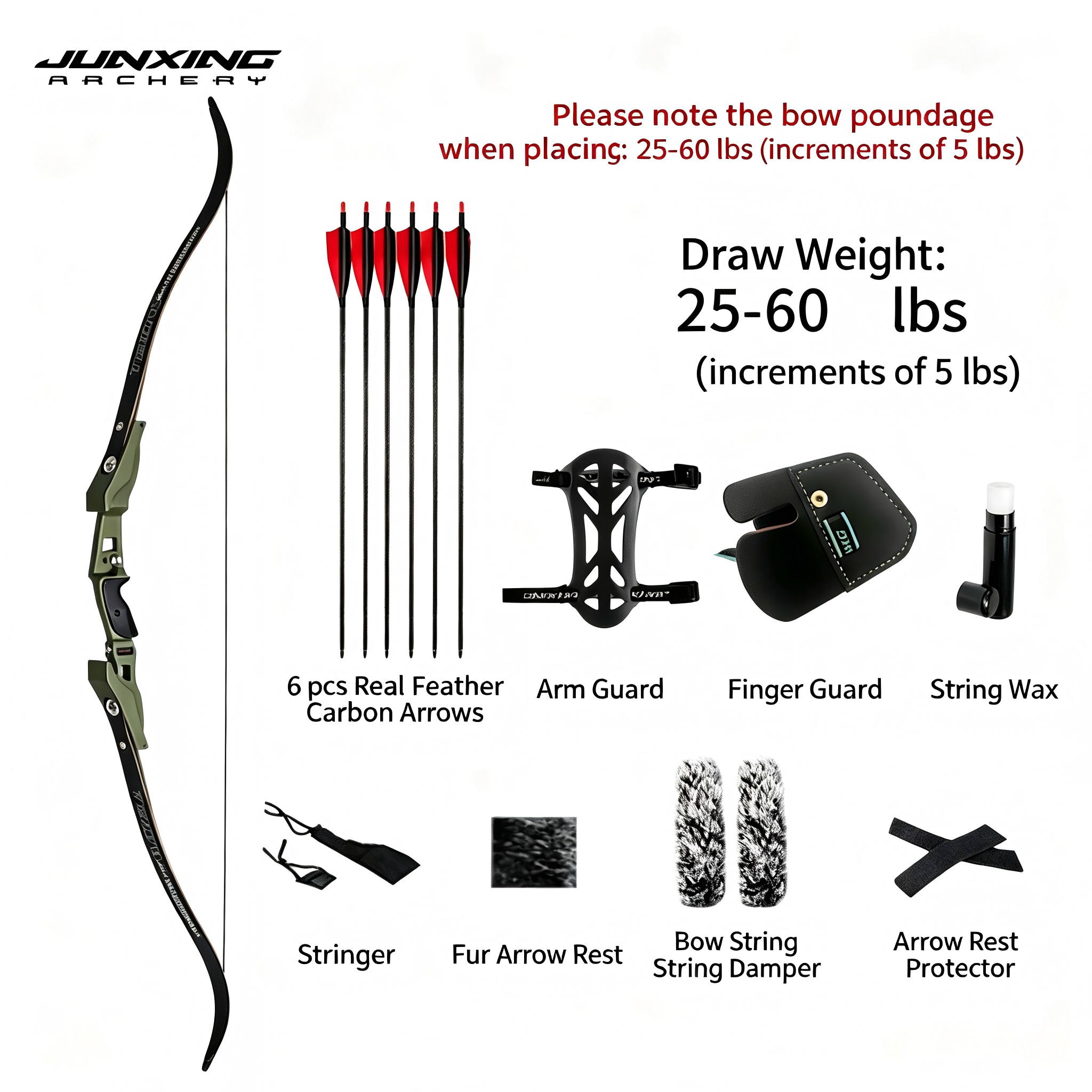 Junxing CD American Hunting Bow, Universal ILF Bow Riser, Recurve Bow, Barebow, Competitive Bow, Carbon Limbs Archery