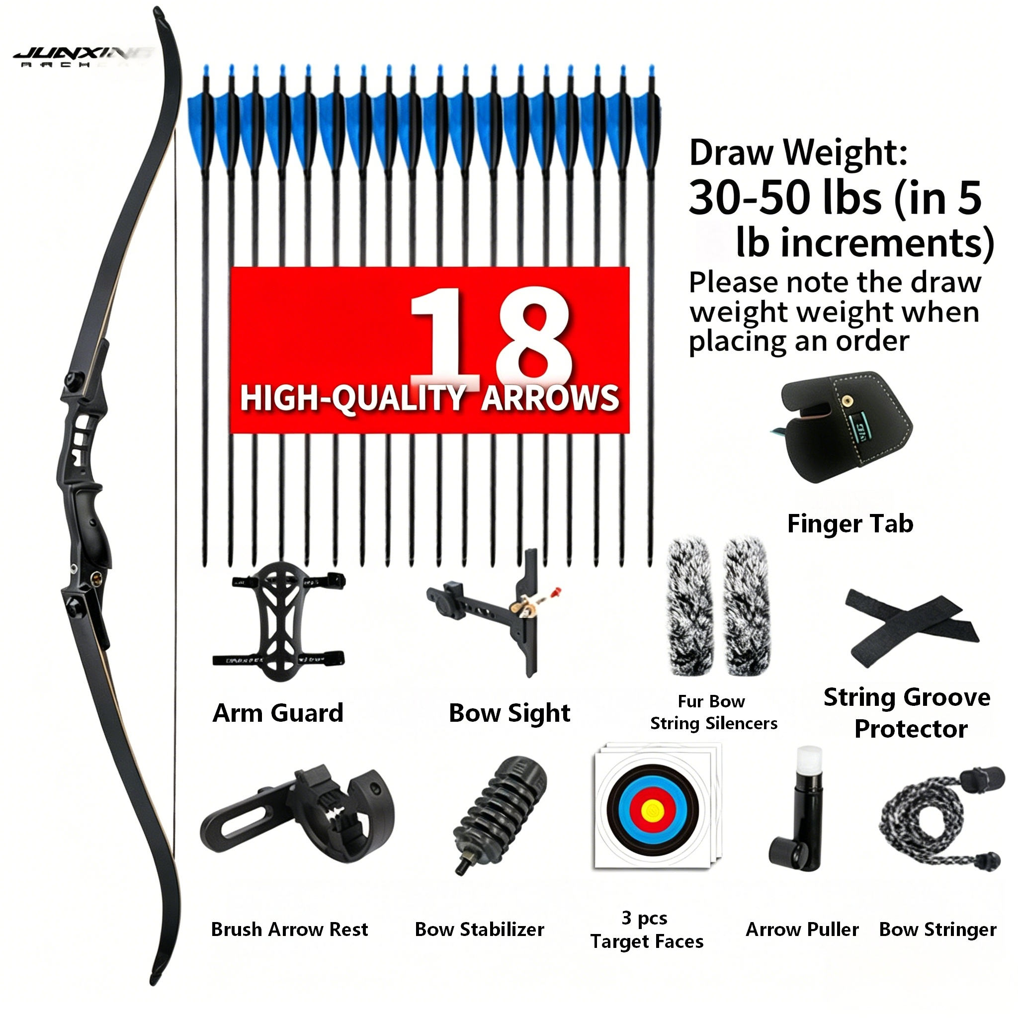 Junxing Huntsman Recurve Bow, American Hunting Bow, Barebow, Traditional Competitive Outdoor Archery Kit, Lingyun Archery