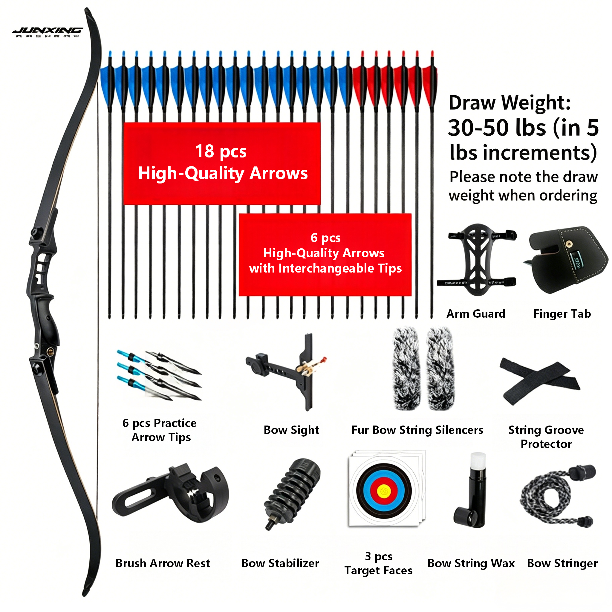Junxing Huntsman Recurve Bow, American Hunting Bow, Barebow, Traditional Competitive Outdoor Archery Kit, Lingyun Archery